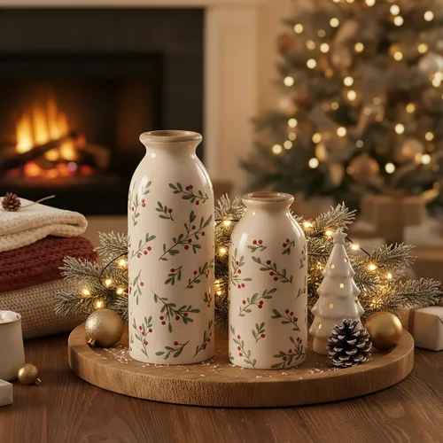 Vista 5 de [Usado] Ronasip Jarrones de acebo de Navidad, juego de 2 jarrones de cerámica, decoración rústica pintada a mano, esmalte agrietado con hielo