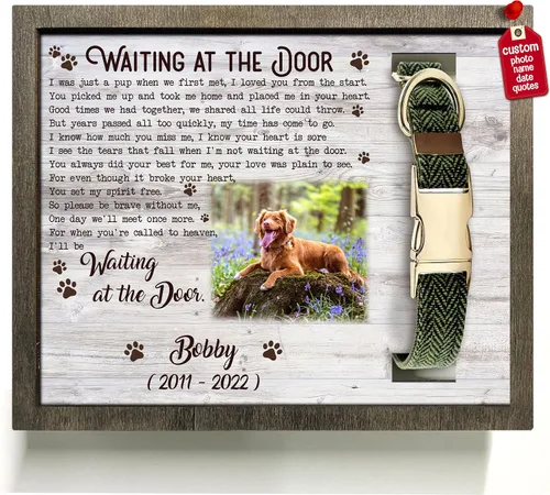 Vista 16 de Marco de madera personalizado con foto de perro con nombre para fotos, recuerdo de mascotas, con soporte para collar, regalo de recuerdo con cita