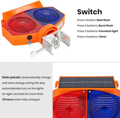 Vista 7 de Luz solar estroboscópica de advertencia, 3 modos de funcionamiento, luces de tráfico intermitentes rojas y azules de doble cara, inalámbricas
