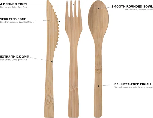 Vista 6 de 2ZEBRAZ - Juego de cubiertos de bambú de 100 piezas, 50 tenedores, 25 cuchillos, 25 cucharas, utensilios desechables resistentes para fiestas