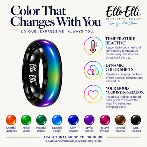 Vista 5 de Ello Elli - Anillo de humor de 6 mm actualizado hecho de acero inoxidable - Cristales multicolor de arcoíris - Banda de ajuste cómodo - Anillo retro