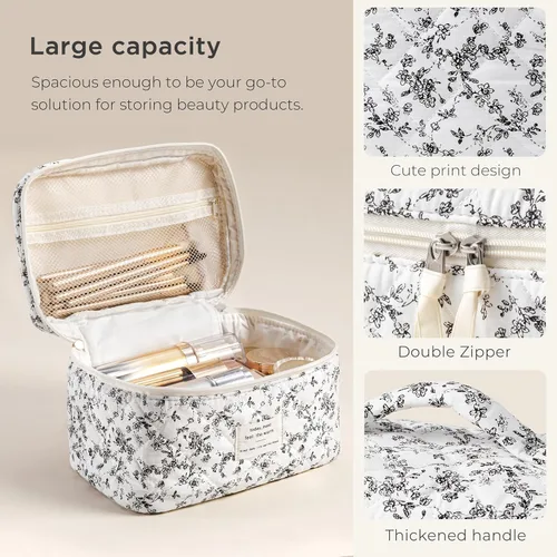 Vista 4 de HBselect Bolsa de Maquillaje Acolchada, Bolsa de Maquillaje Grande de Algodón para Viaje, Lindas Bolsas de Maquillaje con Flores Coquette, Bolsas