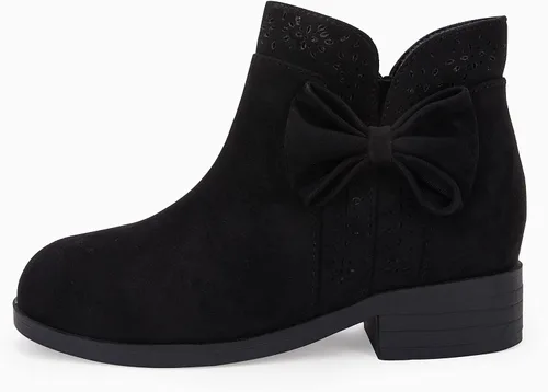 Vista 2 de Botas de tobillo con nudo de lazo para niñas y niños, gamuza sintética, corte en V, tacón bajo apilado, cremallera lateral, zapatos Chelsea