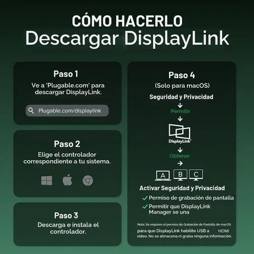 Vista 8 de Plugable Estación de acoplamiento dual DisplayPort y HDMI - Dock USB 3.0 y USB-C para portátil para monitores duales, DisplayLink, Mac