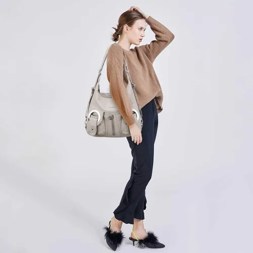 Vista 7 de Angel Kiss Bolso de mano estilo hobo para mujer, bolso de hombro cruzado amplio, bolso de mano con asa superior de cuero sintético lavado