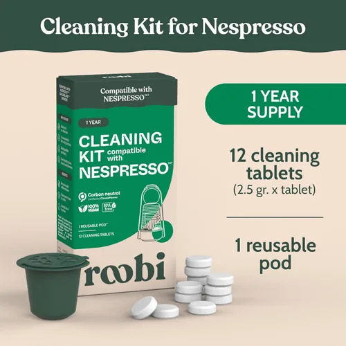 Vista 4 de Roobi Cápsulas de limpieza compatibles con Nespresso. Incluye 1 cápsula reutilizable y 12 tabletas de limpieza. Especialmente formuladas