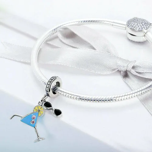 Vista 4 de Abalorio de plata de ley 925 con diseño de limón y copa de vino, para pulsera y collar