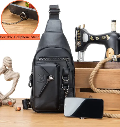 Vista 2 de BULLCAPTAIN Bolso bandolera de cuero genuino para hombre bandolera con soporte para teléfono celular cadena en el pecho mochila de hombro XB-520 M