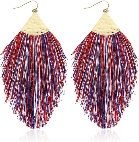 Vista 26 de Aretes bohemios de hilo sedoso con flecos y borlas – Ligeros, colgantes, con hebras y forma de pluma Fleco de plumas - Azul Aqua