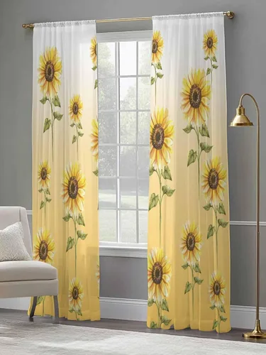 Vista 5 de Juego de paneles de cortinas de girasol, cortinas de gasa para cocina, cortinas de gasa de privacidad para sala de estar, dormitorio, decoración