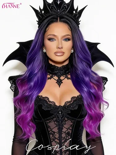 Vista 6 de HANNE - Peluca larga color Ombre con cabello rizado sintético, resistente al calor, de alta densidad y llena para mujeres 1B/azul/púrpura