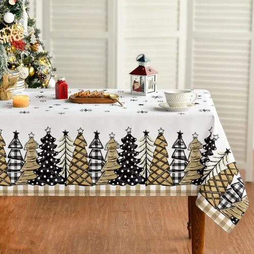Vista 9 de Horaldaily Mantel de Navidad 52×70 Pulgadas Rectangular, Árboles de Navidad con Diseño de Búfalo a Cuadros Negro Lavable, Cubierta de Mesa