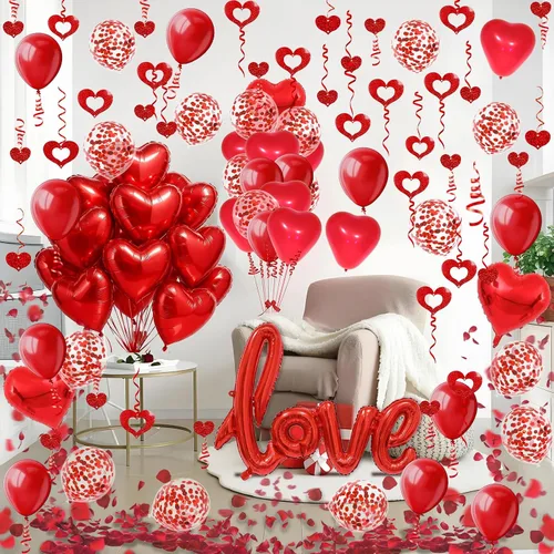 Vista 3 de Fecedy Globo de papel de aluminio en forma de amor y corazón, globos de látex redondos y en forma de corazón, globo de confeti, pétalos falsos
