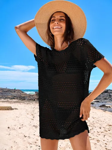 Vista 3 de ANRABESS Traje de baño de ganchillo para mujer, salida de baño de verano, traje de baño de punto, manga corta, vestido de playa