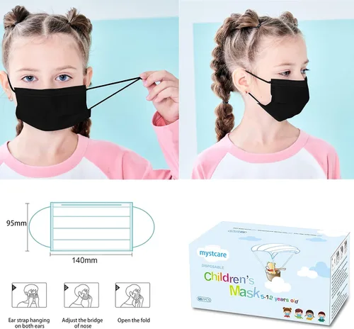 Vista 4 de Mascarillas Faciales Desechables para Niños Paquete de 50 Edades 5-12 Filtro Mascarillas Faciales de Seguridad de 3 Capas para Niños Uso Diario.