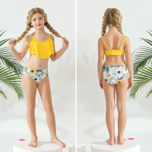 Vista 3 de Traje de baño para niñas con estampado de leopardofloralvaca, conjunto de bikini de 3 piezas con falda de playa