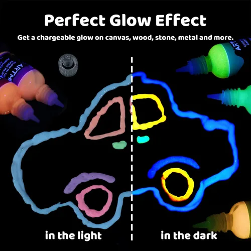 Vista 3 de Artme Pintura que brilla en la oscuridad, juego de 12 colores brillantes de 1.0 fl oz/1 oz, fluorescente brillante de larga duración, perfecta