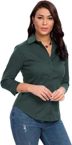 Vista 11 de Camisas con botones para mujer, oficial, formal, manga 3/4, color blanco, elástica, camisa de vestir de verano