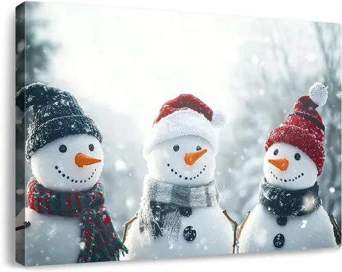 Vista 9 de gaosoul Lienzo de muñeco de nieve navideño para pared, lindo muñeco de nieve en pintura de paisaje nevado, póster navideño para sala de estar