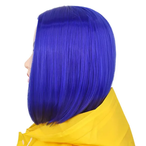Vista 3 de Peluca de cosplay estilo Bob azul oscuro + horquilla de libélula + collar para fiesta, disfraz de Halloween, peluca de mujer