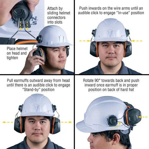 Vista 4 de Klein Tools 60532 orejeras con tapa y accesorio para casco de seguridad, 26dB NRR para construcción, fabricación, mantenimiento
