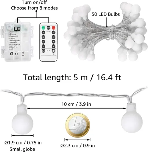 Vista 9 de Lighting EVER Guirnalda de luces con forma de globo, funciona con pilas, 16.4 pies, 50 luces LED de bola pequeña decorativa con control remoto