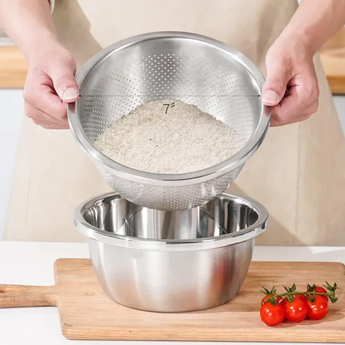 Vista 7 de Colador de Acero Inoxidable 304 de 2QT Colador Microporoso y Tazón de Mezcla para Cocina, Colador de Arroz con Cuenco de Lavado para Colar Pasta