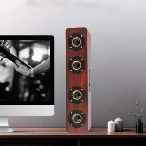 Vista 6 de Altavoz Bluetooth de madera, sonido de altavoz de computadora de TV de 12 W con soporte de subwoofer de 4 graves Bluetooth, AUX, tarjeta TF, FM (# 1)