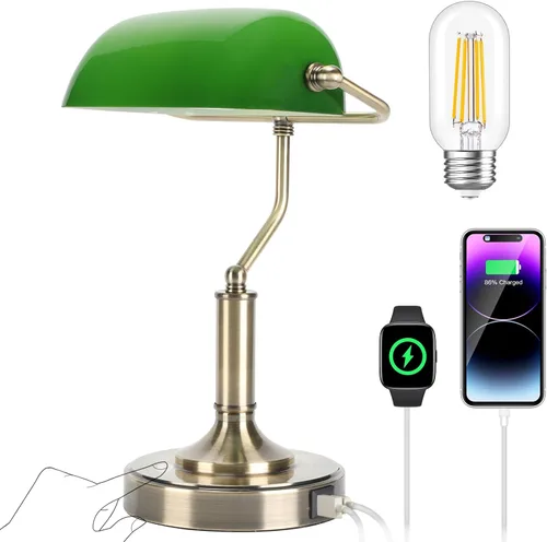 Vista 10 de LINNMON Bankers - Lámpara de escritorio verde con interruptor de cadena de tracción, lámpara retro con puertos de carga USB y tipo C, lámpara