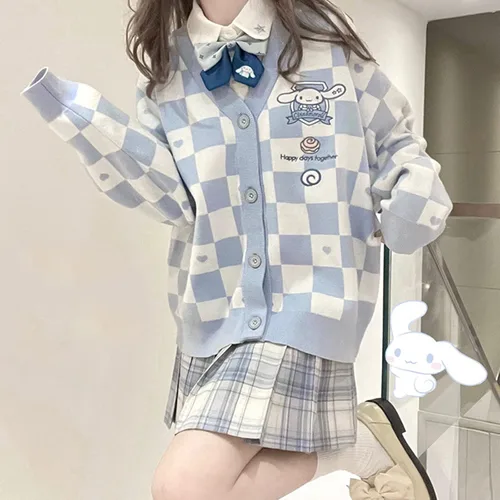 Vista 3 de Suéter Kawaii de anime a cuadros para mujer disfraz de cosplay con cuello en V manga larga