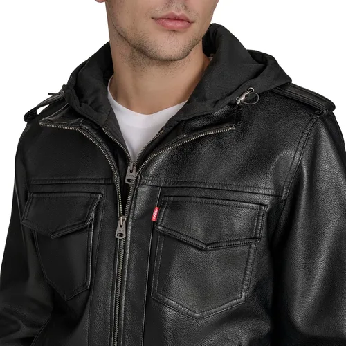 Vista 5 de Levi's Men's Faux Leather Aviator Bomber Jacket With Jersey Bib and Hood