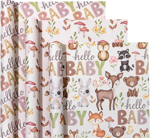 Vista 17 de WRAPAHOLIC Papel de regalo de oso para baby shower, mini rollo, 3 rollos, 17 x 120 pulgadas, diseño de oso de aventura en avión y fiesta para baby