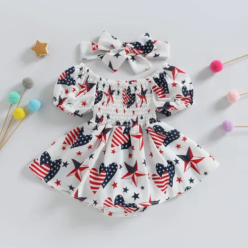 Vista 2 de KtwHarnu Traje de bebé niña del 4 de julio, traje de manga corta con diseño de bandera estadounidense, vestido fruncido, falda, ropa patriótica