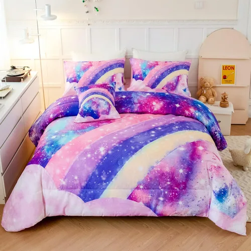 Vista 11 de ANGIYUIN - Juego de edredón infantil de gradiente arcoíris púrpura profundo, 6 piezas, ropa de cama con purpurina brillante para niñas, juego
