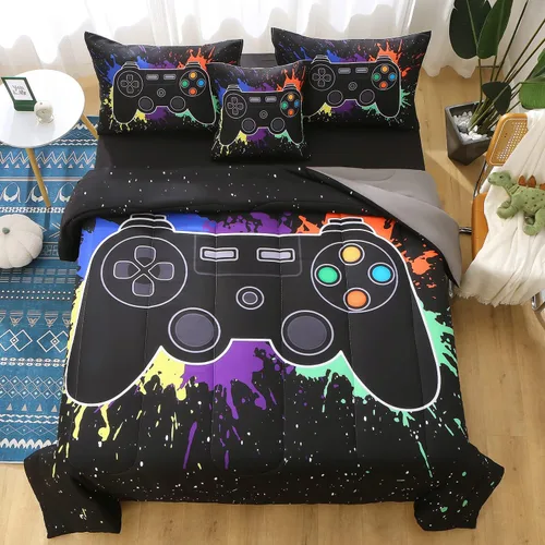 Vista 3 de JQinHome - Juego de edredón Gamer individual para niños y niñas, juego de cama en una bolsa de 6 piezas con diseño de videojuego 3D - Juego de ropa