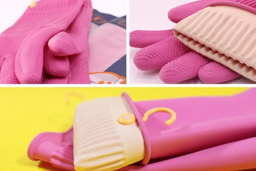 Vista 6 de Myungjin Guantes de goma antideslizantes reutilizables e impermeables para el hogar con gancho para colgar y secar (1 par/pequeño)