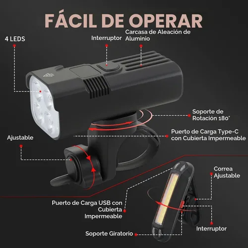 Vista 5 de Bike Light for Night Riding, 2000LM/1000LM Bicycle Headlight & Taillight, Multiple Modes,3000mAh/2000mAh USB C Rechargeable Waterproof LED Bright