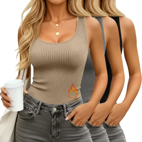 Vista 10 de Paquete de 3 camisetas térmicas sin mangas acanaladas para mujer, de forro polar de algodón, cuello redondo, ajustadas, capa base de camisola