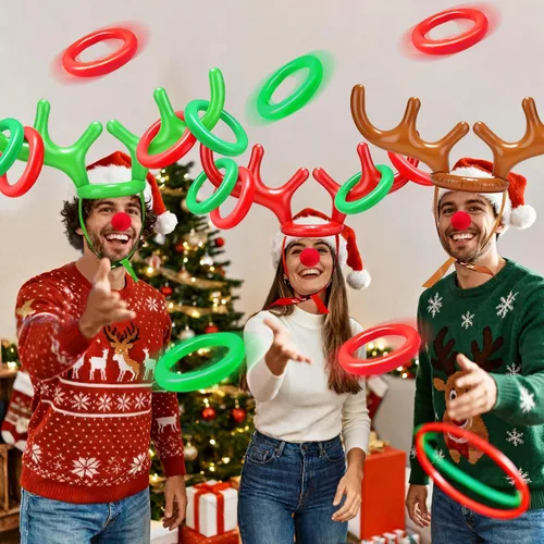 Vista 5 de Juego de 18 piezas de 3 anillos inflables de cornamenta de reno para lanzar juegos de fiesta de Navidad, juguetes familiares para niños, relleno