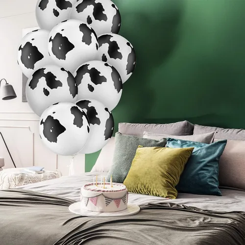 Vista 5 de Gejoy 24 globos de látex divertidos de vaca con estampado de vaca para decoración de fiesta de cumpleaños en blanco y negro