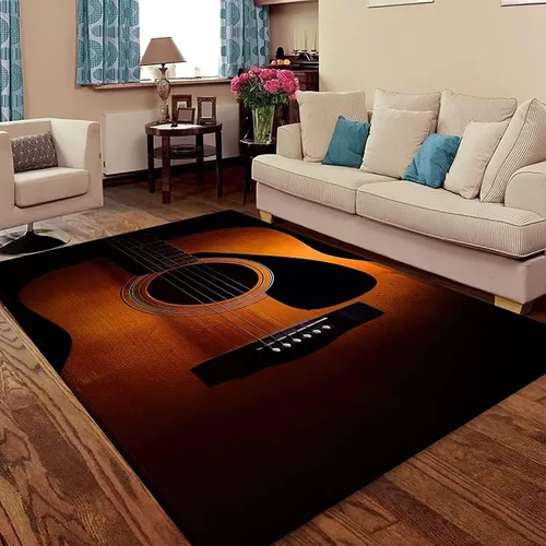 Vista 8 de Alfombra negra de guitarra vintage, 3 x 4 pies, alfombra negra para amantes de la música, antideslizante, reducción de ruido, lavable a máquina