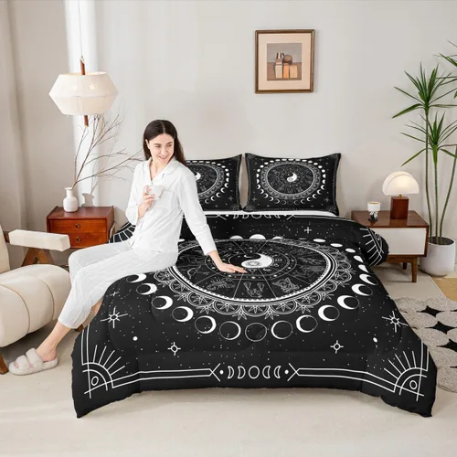 Vista 12 de Juego de edredón de champiñones para niños, tamaño individual, juego de ropa de cama romántica con sol, luna, cielo estrellado y galaxia, decoración