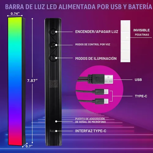 Vista 2 de Barra de luz de ritmo alimentada por batería, luces de ritmo de captación de control de sonido RGB, control por aplicación, luces LED de nivel