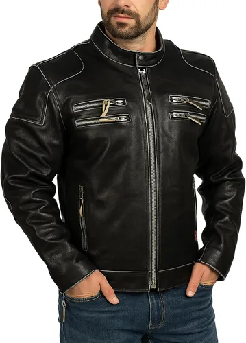 Vista 5 de LP-FACON Chaqueta de cuero para motocicleta con insignias vintage para hombre, chaqueta acolchada con armadura de rayas retro Chaqueta de cuero