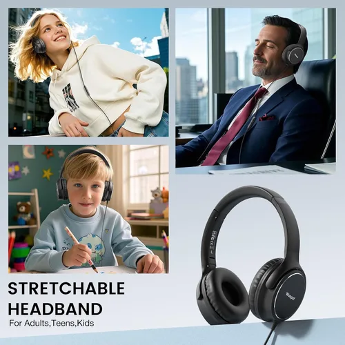 Vista 4 de Auriculares con cable USB C sobre la oreja con micrófono, control de volumen, puerto compartido y diadema ajustable, auriculares estéreo plegables