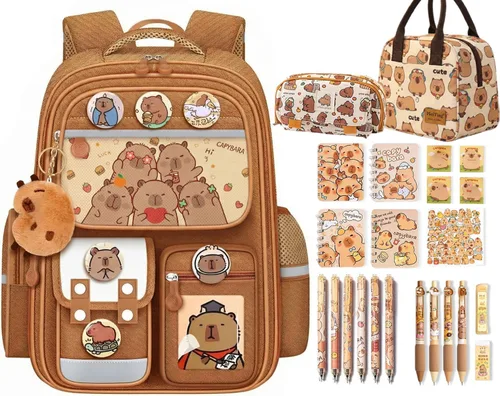 Vista 7 de Mochila Capybara impermeable, bolsa capybara Kawaii de gran capacidad con accesorios de 31 piezas, Azul