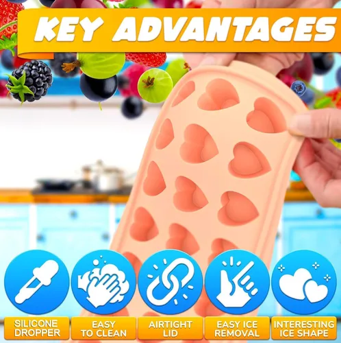 Vista 5 de Bandeja para cubitos de hielo con tapa – Molde de silicona de 24 cavidades para forma de corazón y dulces – Moldes flexibles, resistentes al calor e