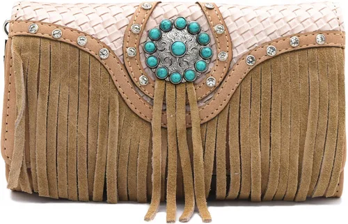 Vista 3 de Estilo occidental Fringe Conchos Gema Rhinestone tachonado tejido cuero bolso país bolso mujeres hombro cartera conjunto