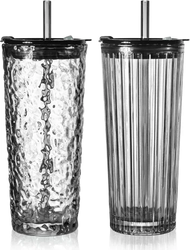Vista 16 de Puraville Paquete de 2 vasos de vidrio de 18 onzas con tapas y pajitas, cristalería gruesa con patrón de diamante vintage para whisky, cóctel