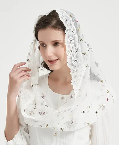 Vista 6 de Velos católicos para mujer, encaje de rosa, bordado infinito, forma de Mantilla velo cubierta de cabeza M3